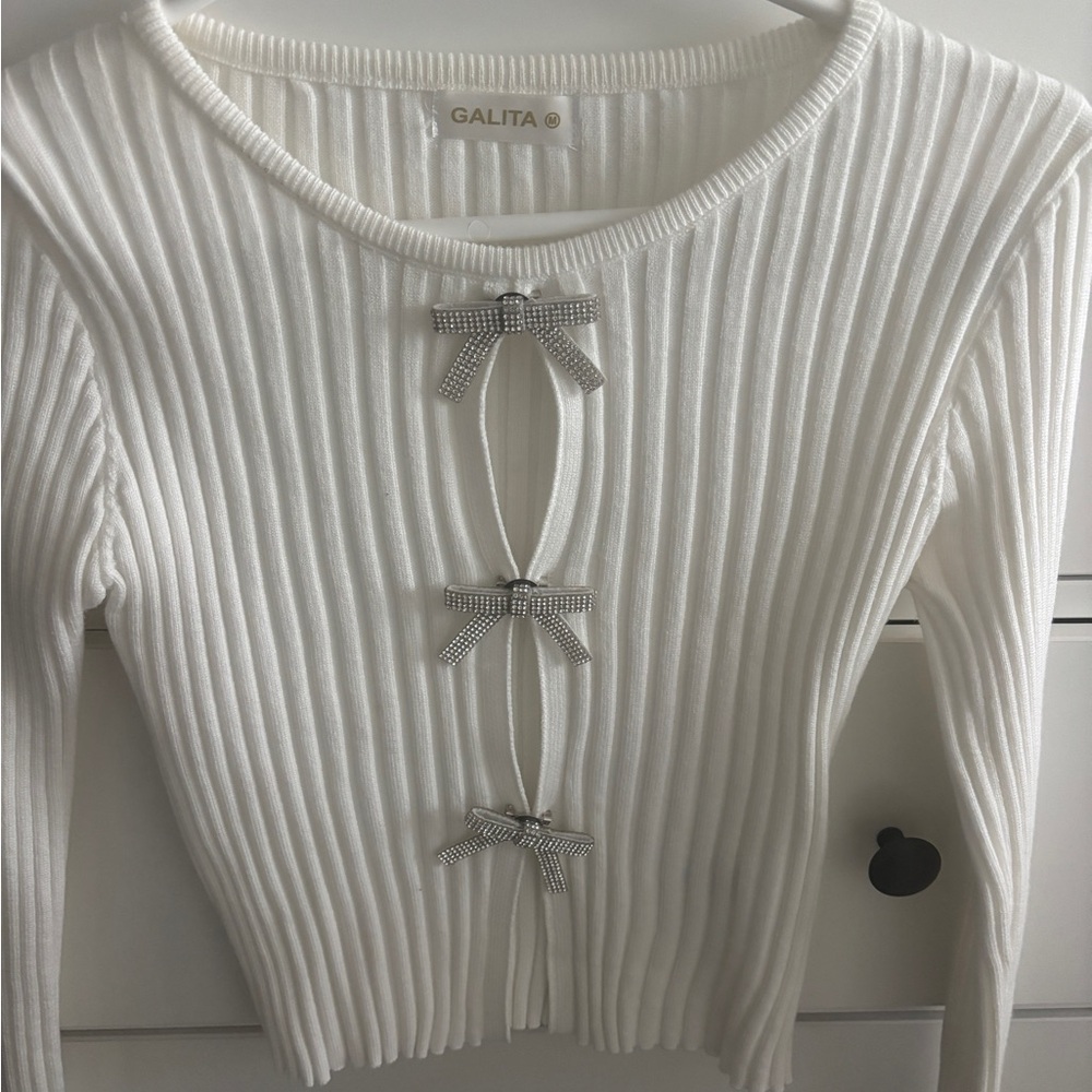 Galita White Ribbed Sweater with Bow Accents